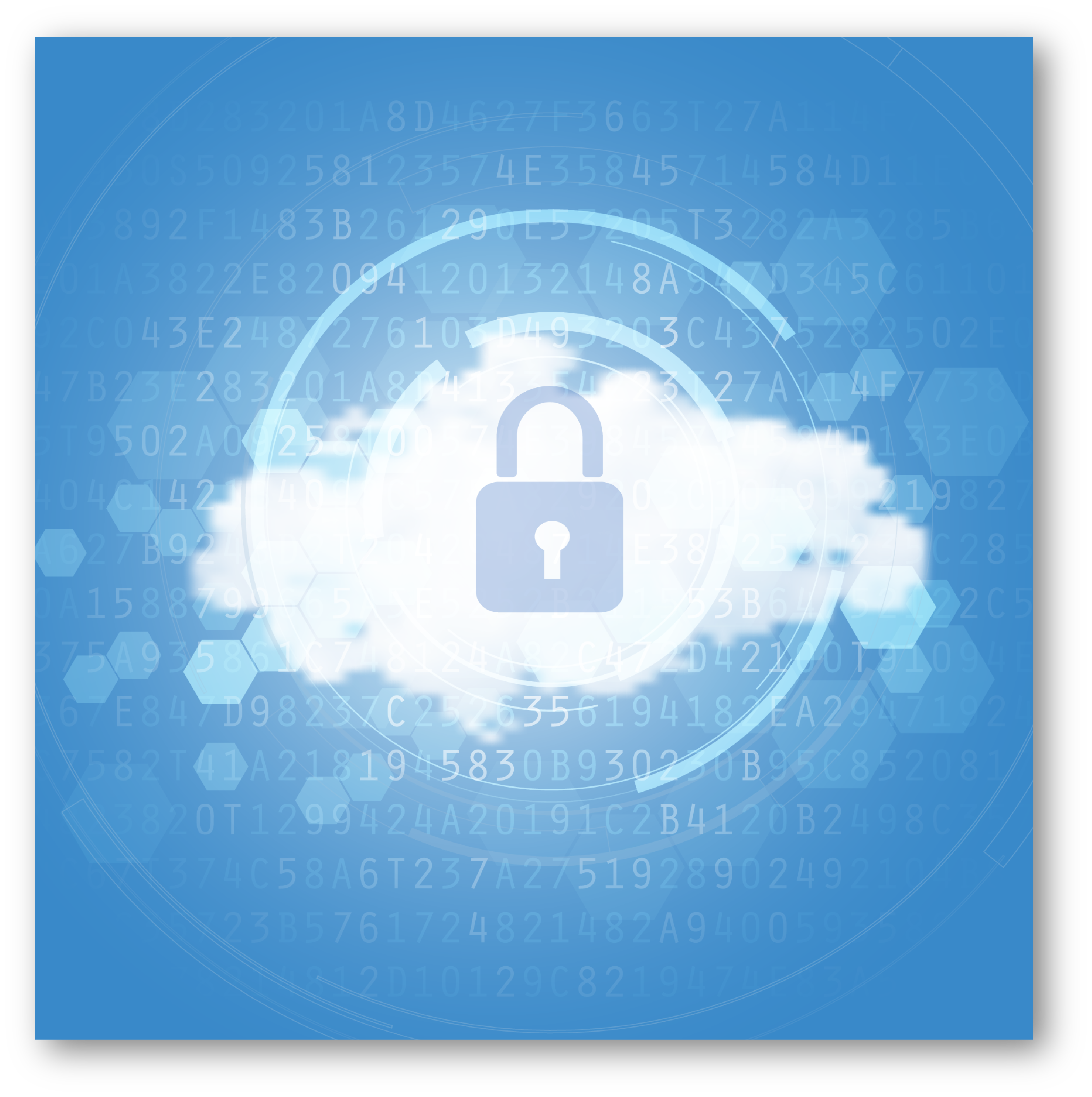 Blue security lock on a blue background with light blue and white pixels and code